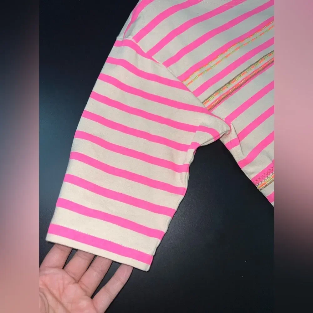 J.Crew Stitchwork Stripe Top Pink Neon Embroidered 3/4 Sleeve Top Size M NWOT